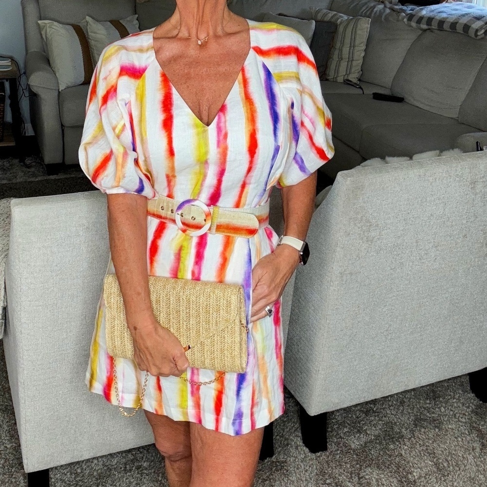 Nicholas The Label Linen Dress Shaanti Mini Rainbow Vibrant Puff Sleeve Belted